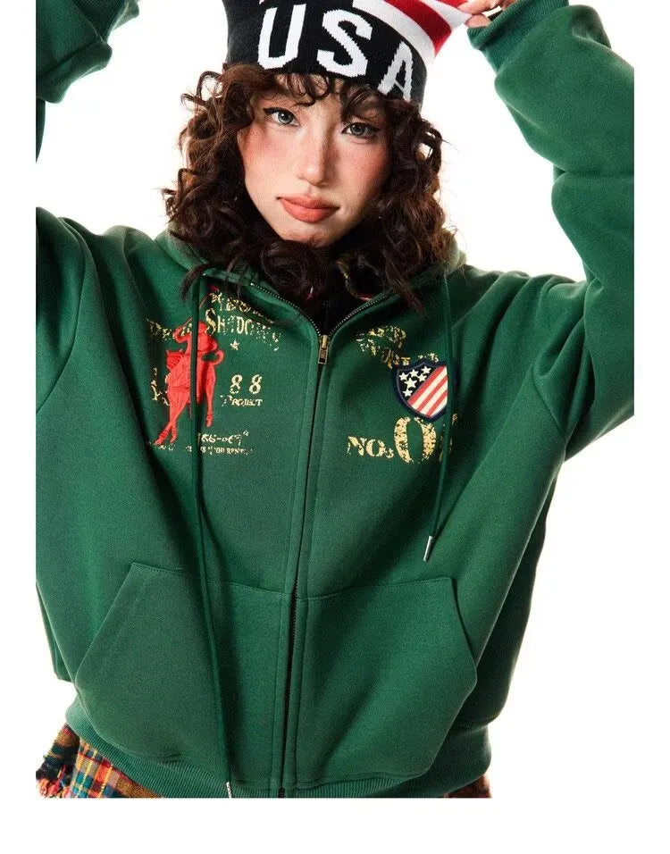 Retro Green Oversized Zip Hoodie - Planet Missy