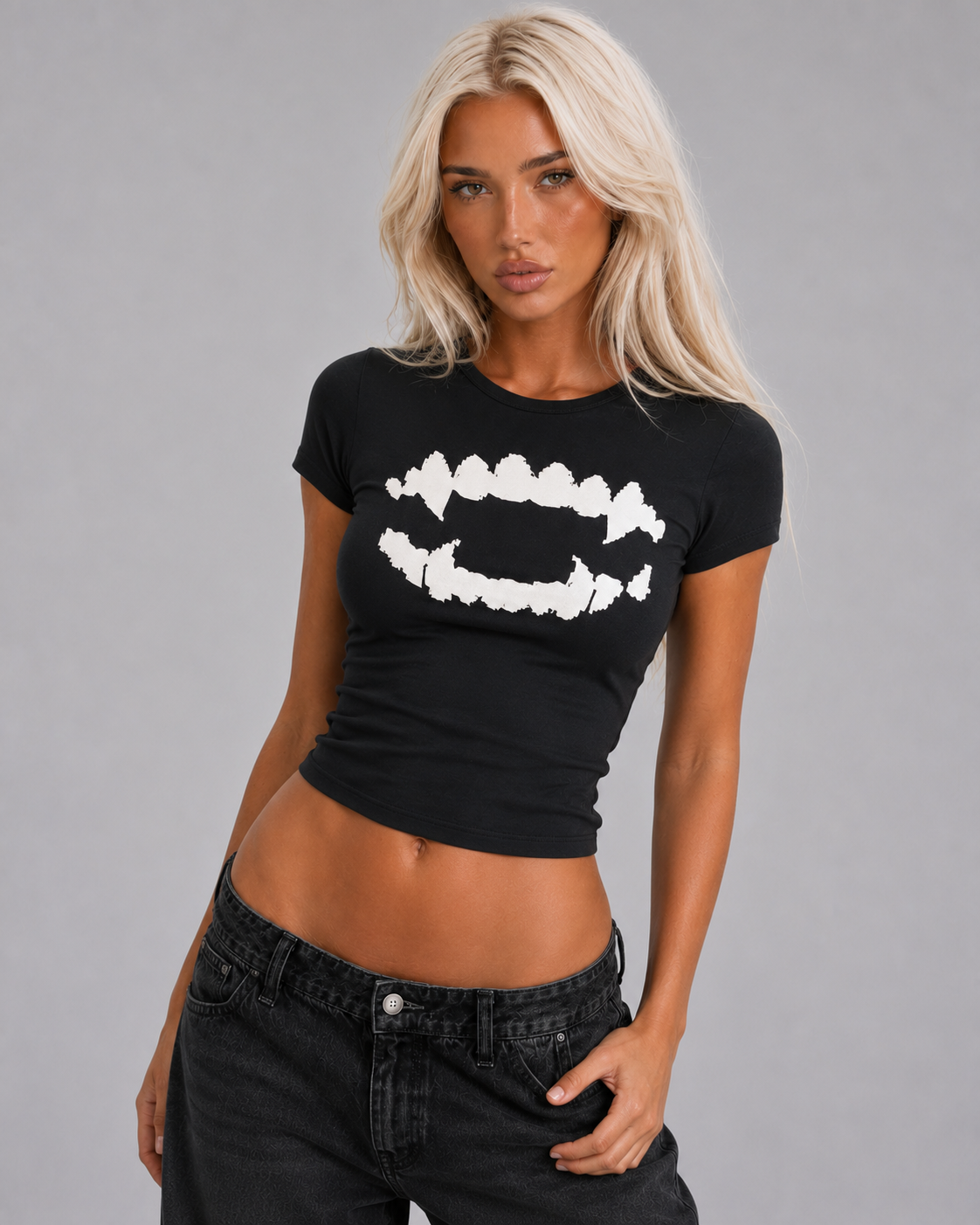 Y2K Black Fang Graphic Fitted T-Shirt