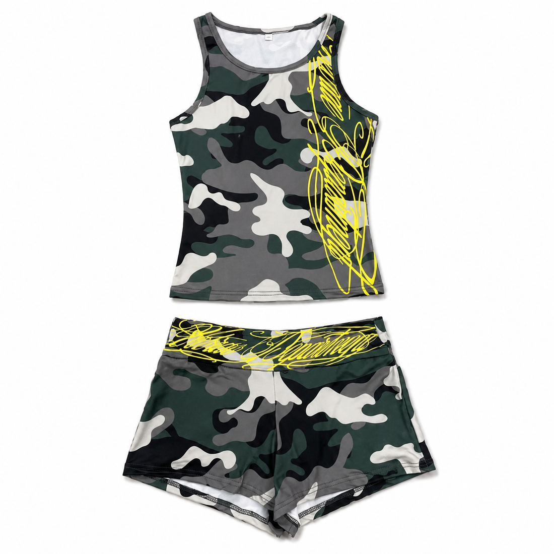 A two-piece athletic set featuring a sleeveless tank top and matching shorts in a green, gray, and white camouflage pattern with a bright yellow scribble graphic on the front.