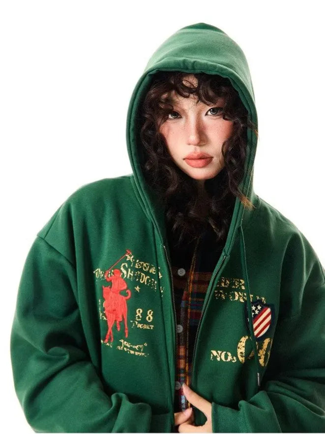Retro Green Oversized Zip Hoodie - Planet Missy