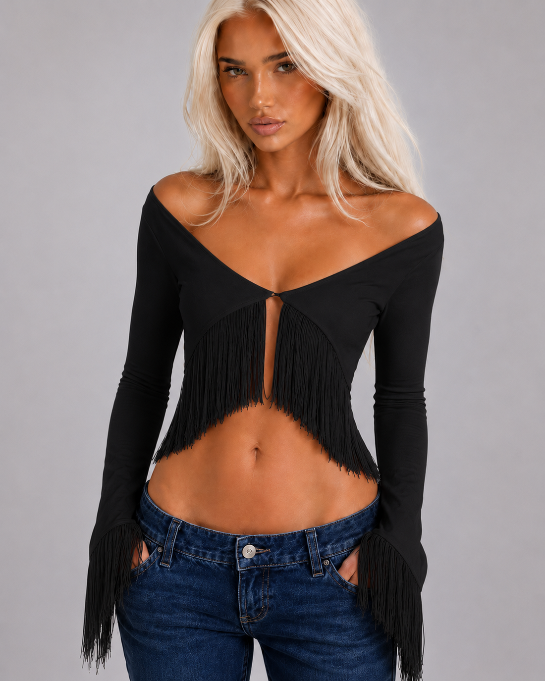 Deep V Neck Fringe Top