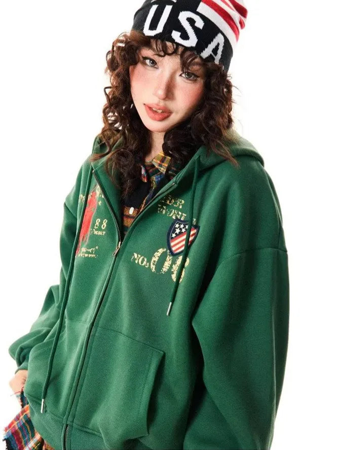 Retro Green Oversized Zip Hoodie - Planet Missy