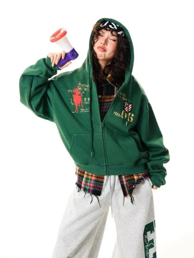 Retro Green Oversized Zip Hoodie - Planet Missy