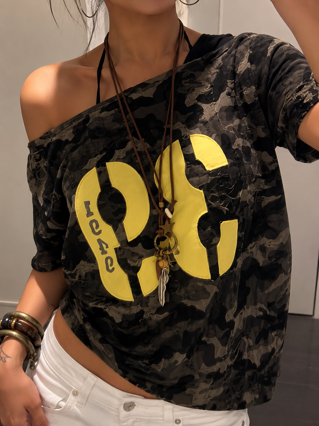 Camouflage Off Shoulder Top