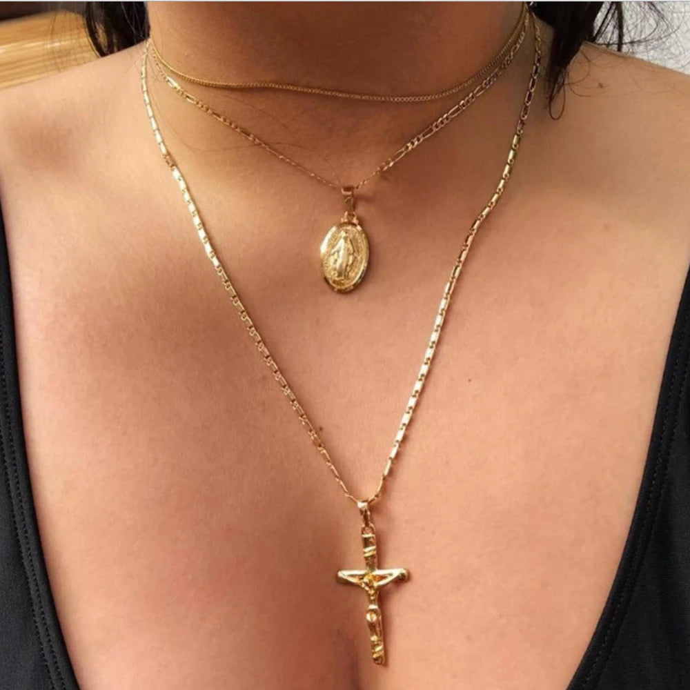 Three layer Necklace Oval-shaped Virgin Mary Madonna Pendant Jesus Cross metal plated Chain Women Gift