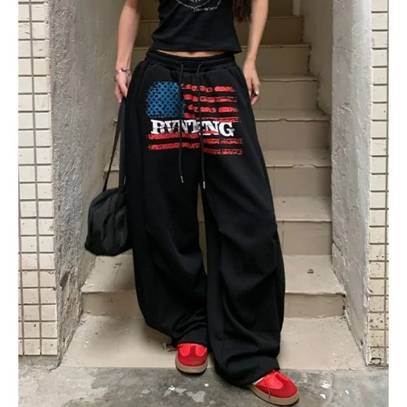 American printed wide leg joggers - Planet Missy