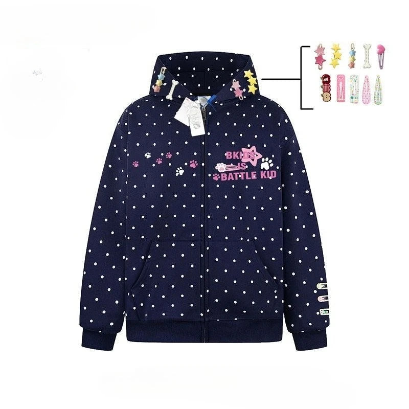 Korean Retro Interesting Design Detachable Hairpin Sweatshirt New Sweet Cute Retro Y2K Zipper Jacket Mint Blue Polka Dot Hoodie - Planet Missy