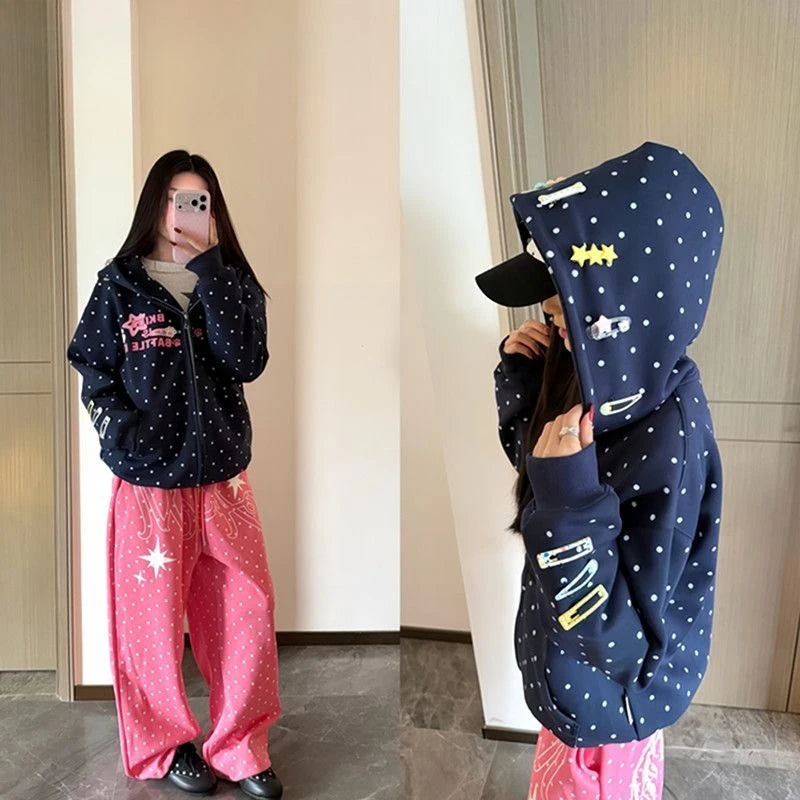 Korean Retro Interesting Design Detachable Hairpin Sweatshirt New Sweet Cute Retro Y2K Zipper Jacket Mint Blue Polka Dot Hoodie - Planet Missy