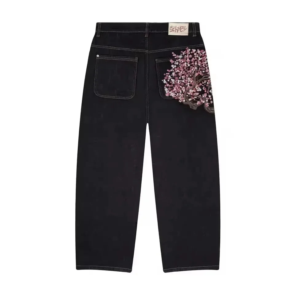 Cherry Blossom Embroidery Jeans | Straight Leg Graphic Denim