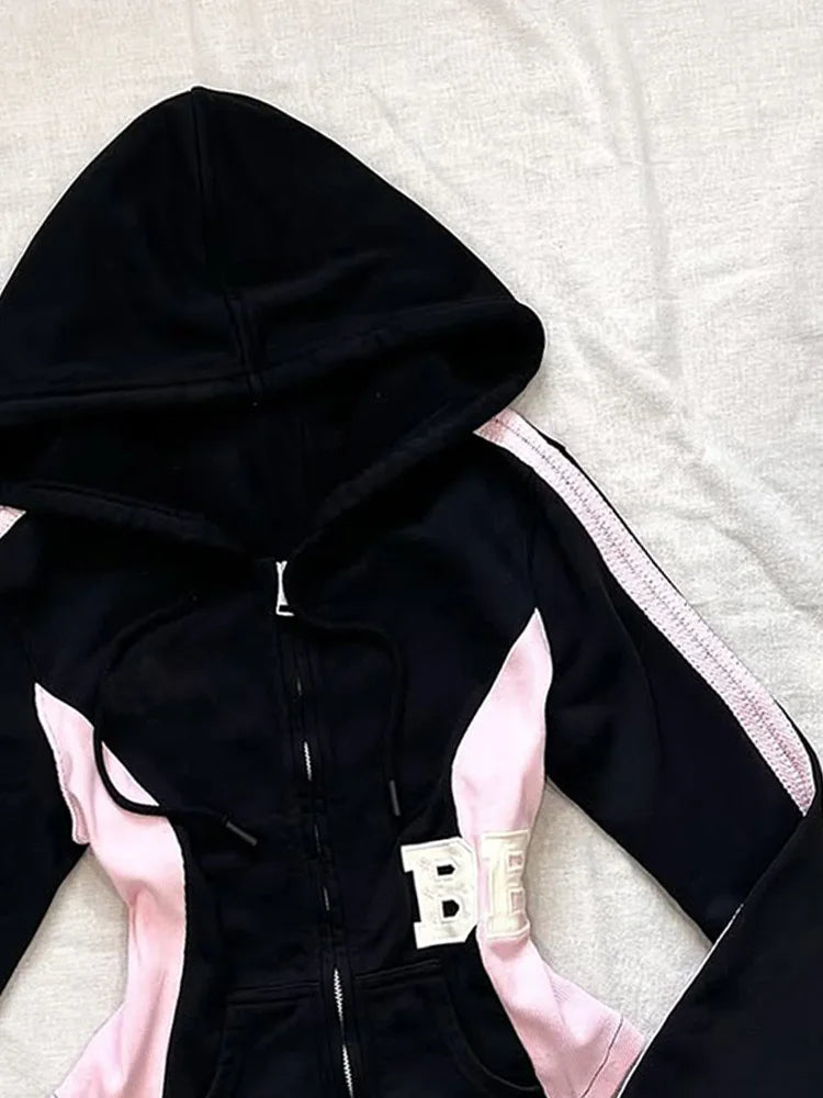 Sudadera con cremallera estética de los 2000 para mujeres, chaqueta casual negra, ajuste ceñido, cintura con cordón, manga larga, moda streetwear, abrigo 2025
