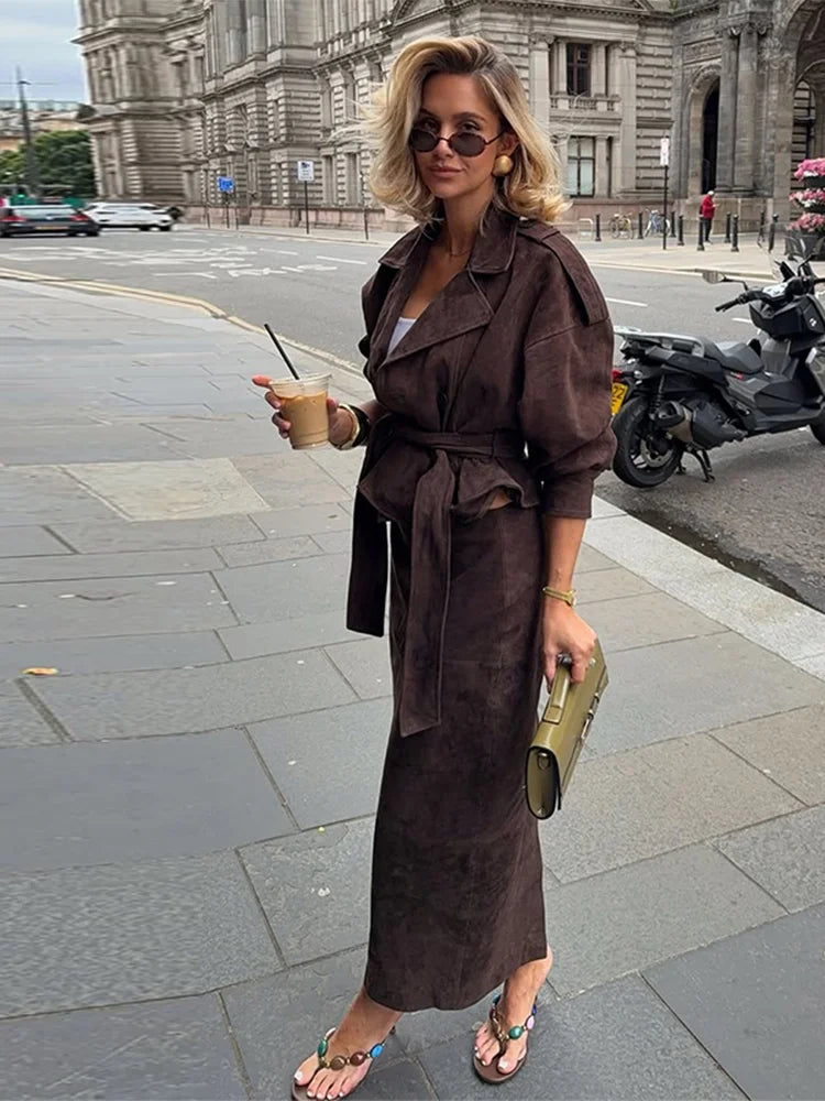 Brown Suede Trench Coat Jacket - Planet Missy