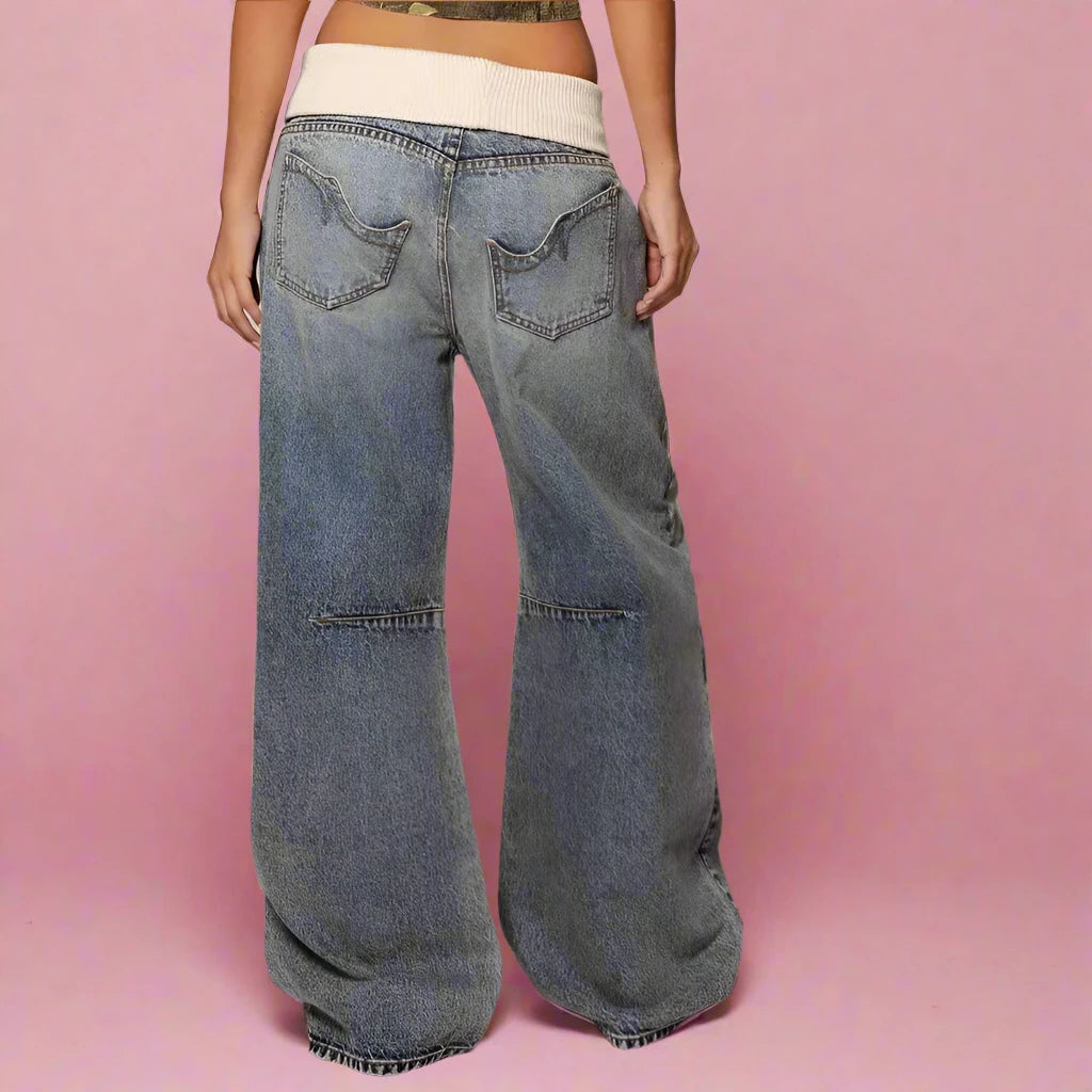 Fold Over Denim Pants - Planet Missy