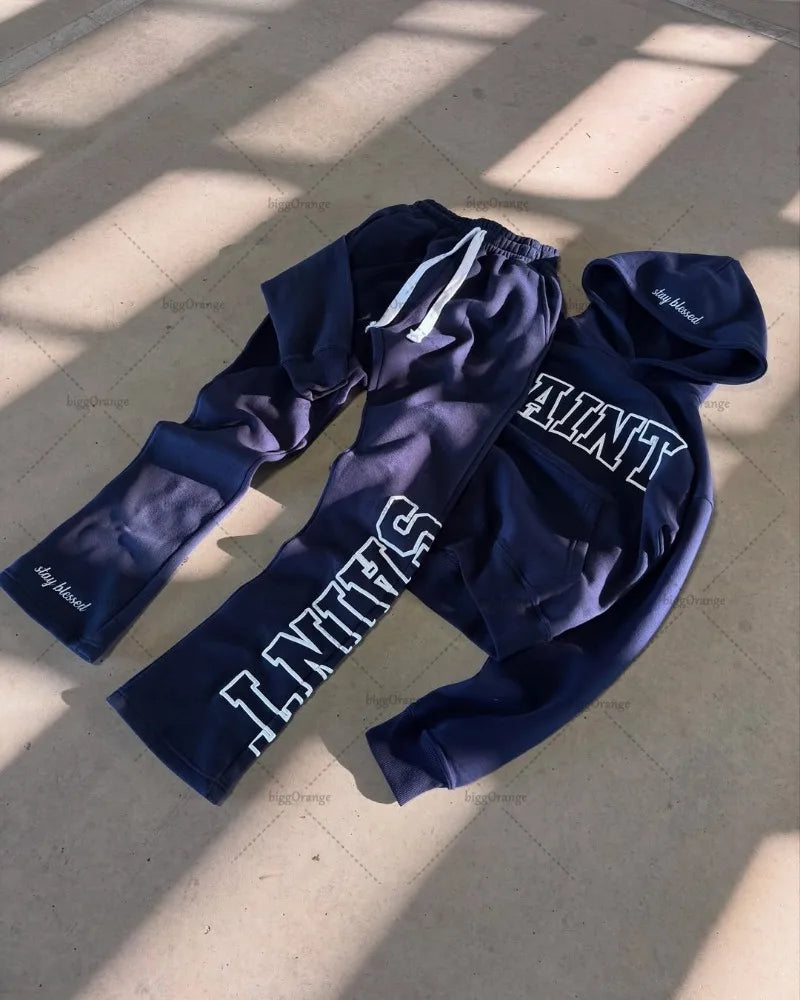 Nuevo traje de streetwear hip-hop para hombres, chándal casual retro con estampado de letras, sudadera con cremallera gris Harajuku para mujeres
