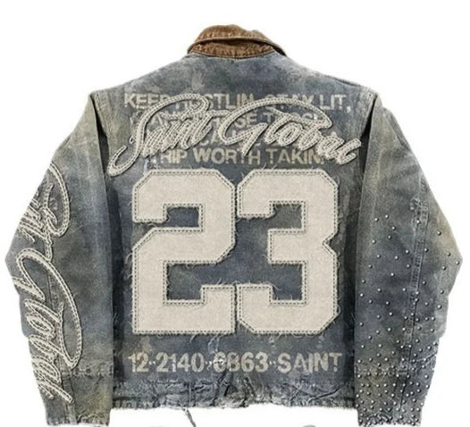 Embroidery Blue Washed Oversized  23 Jacket - Planet Missy