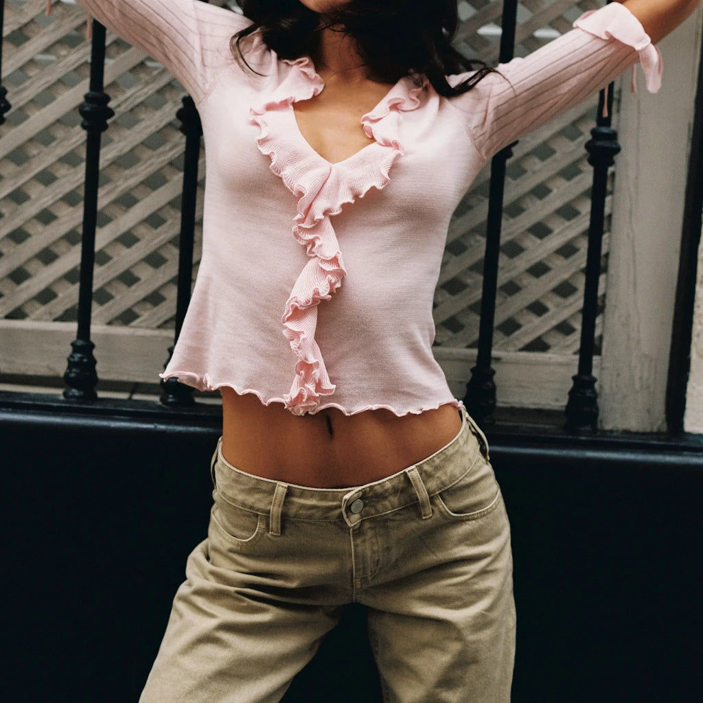 Ruffled Deep V-Neck Knit Top