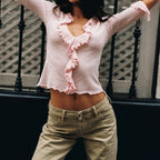 Ruffled Deep V-Neck Knit Top