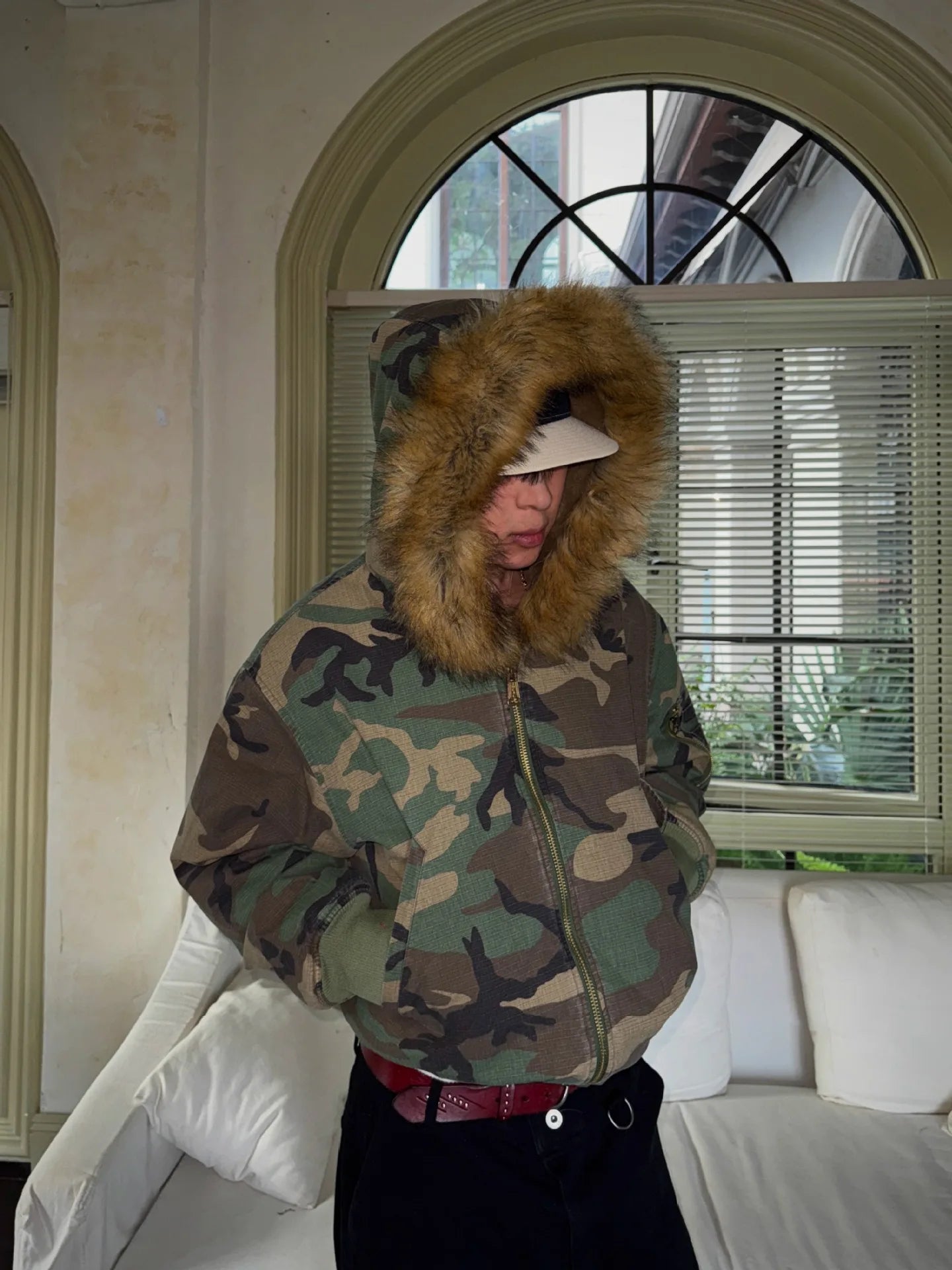 Abrigo de invierno para hombre, cálido, chaqueta de camuflaje reversible, parka de algodón grueso con cuello de piel, abrigo de estilo militar para exteriores