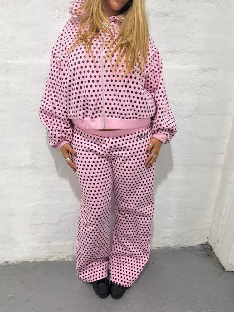 Pink Black Polka Dot Zip Up Set - Planet Missy