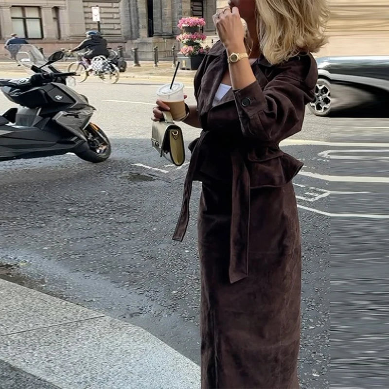 Brown Suede Trench Coat Jacket - Planet Missy