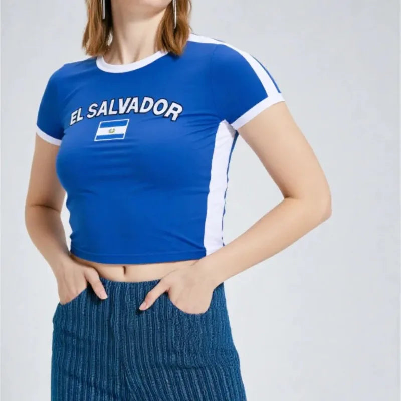 Summer El Salvador Y2K Baby Tee Slim Fit T-shirt Women's Sexy Short Sleeved O-neck Basic Blue Sports Casual Style Crop Tops - Planet Missy