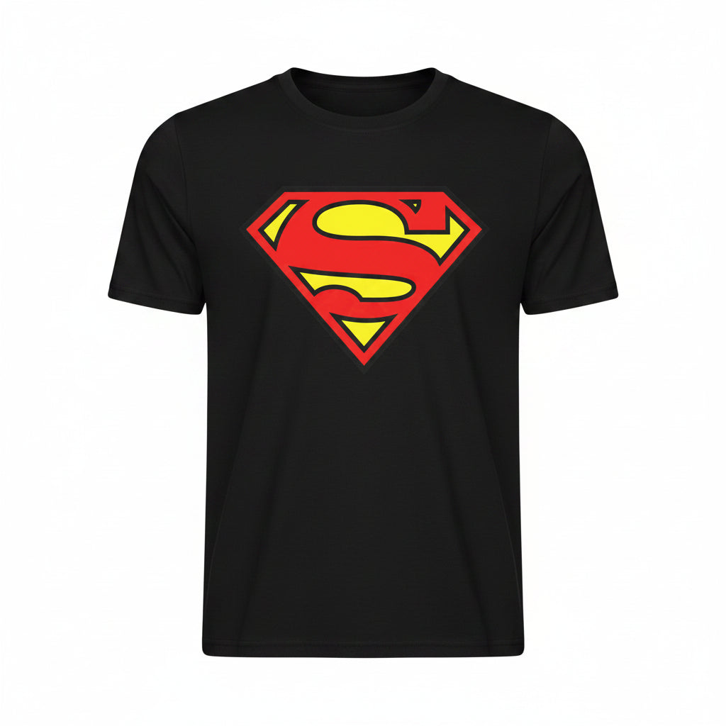 Black t-shirt with Superman logo on a white background
