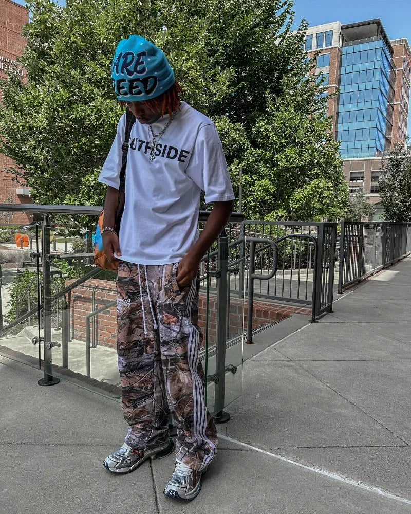 Leaf Camo striped wide-leg pants