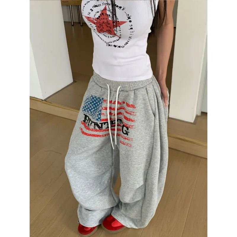 American printed wide leg joggers - Planet Missy
