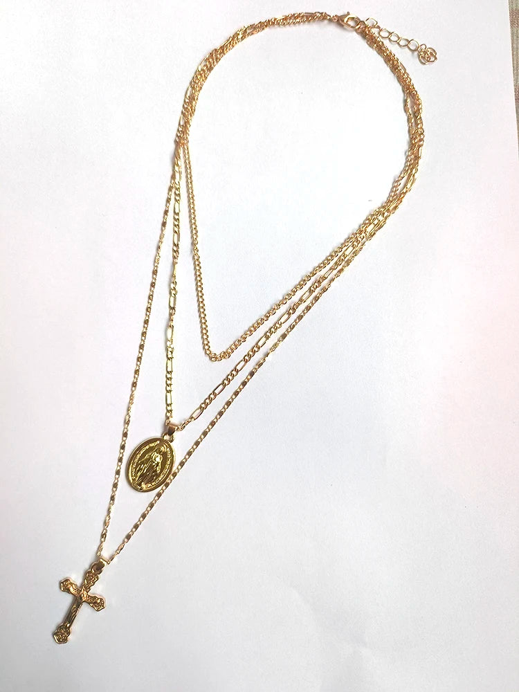 Three layer Necklace Oval-shaped Virgin Mary Madonna Pendant Jesus Cross metal plated Chain Women Gift