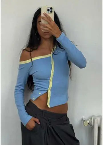 Contrast Button Off-Shoulder Top - Planet Missy