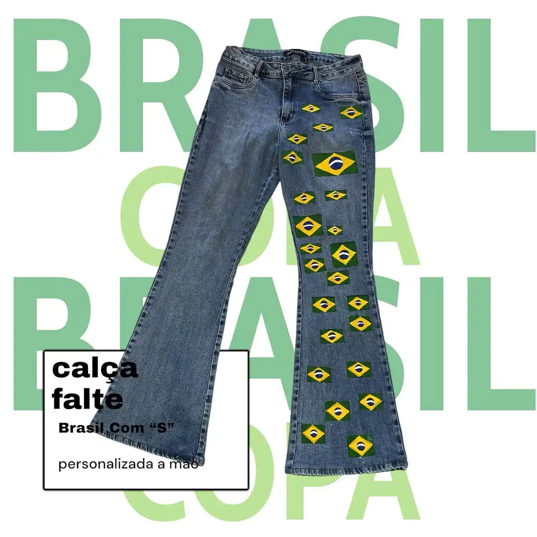 Brazilian Female Football Fan T-shirt Set Y2K Vintage Yellow Green Football Polo Shirt National Flag Printing Micro Flared Jeans - Planet Missy