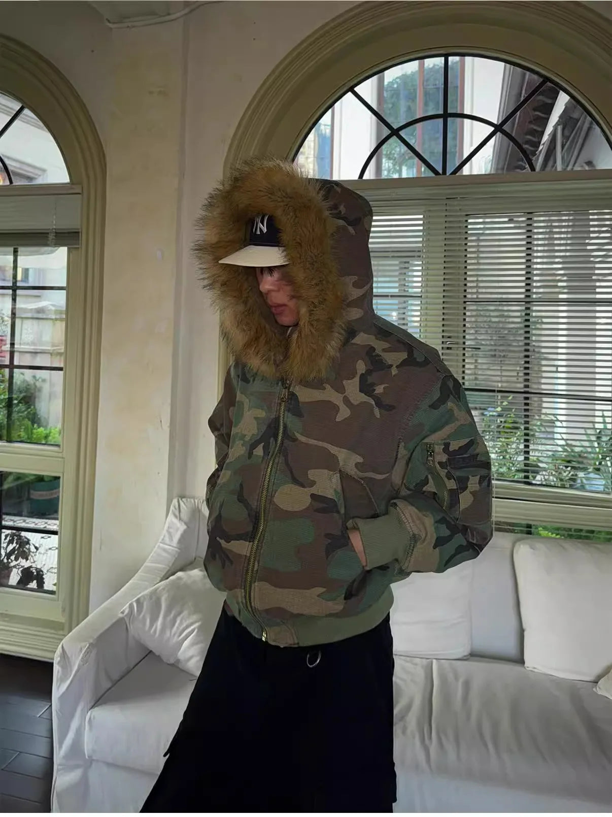 Abrigo de invierno para hombre, cálido, chaqueta de camuflaje reversible, parka de algodón grueso con cuello de piel, abrigo de estilo militar para exteriores