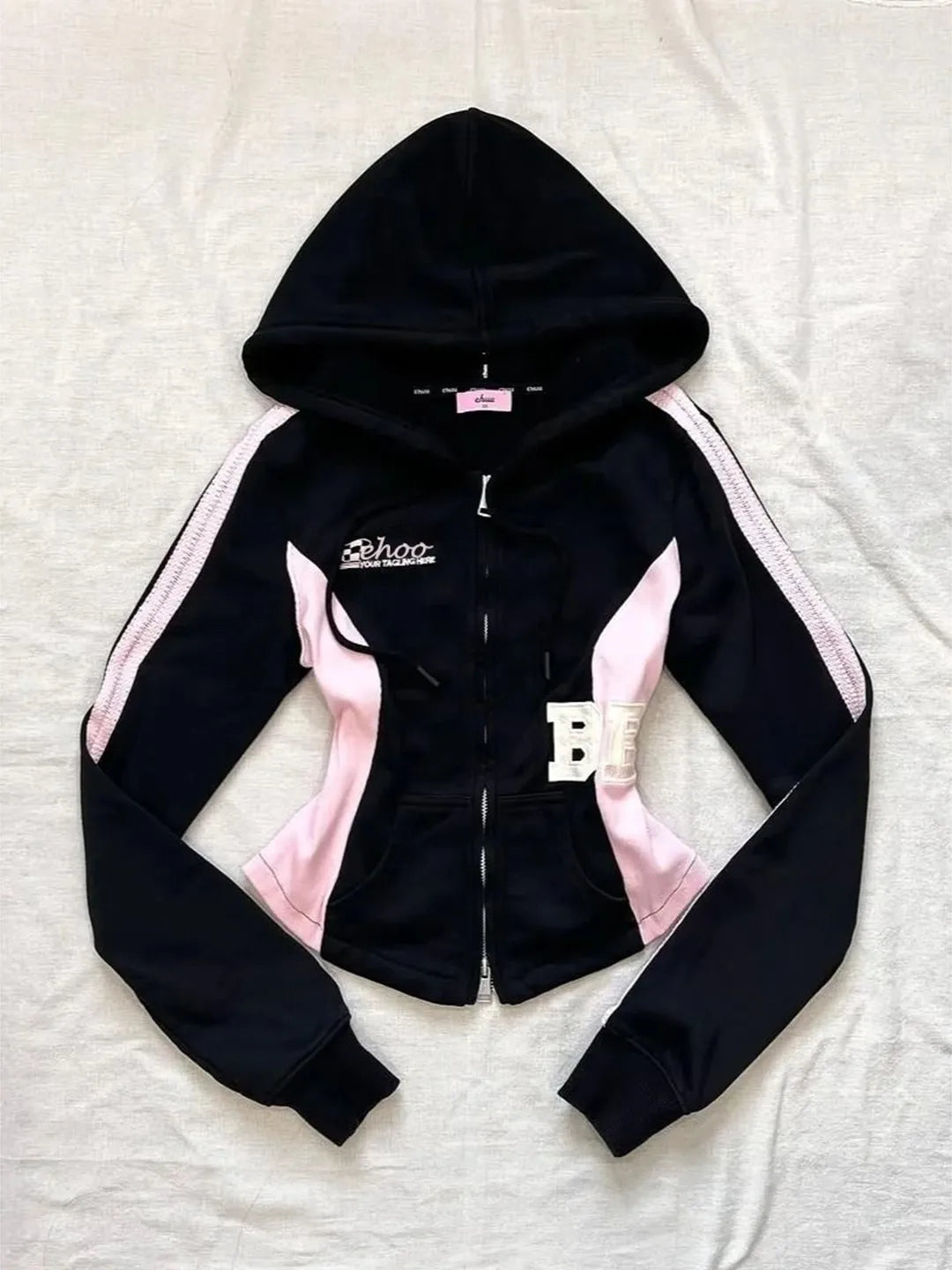 Sudadera con cremallera estética de los 2000 para mujeres, chaqueta casual negra, ajuste ceñido, cintura con cordón, manga larga, moda streetwear, abrigo 2025