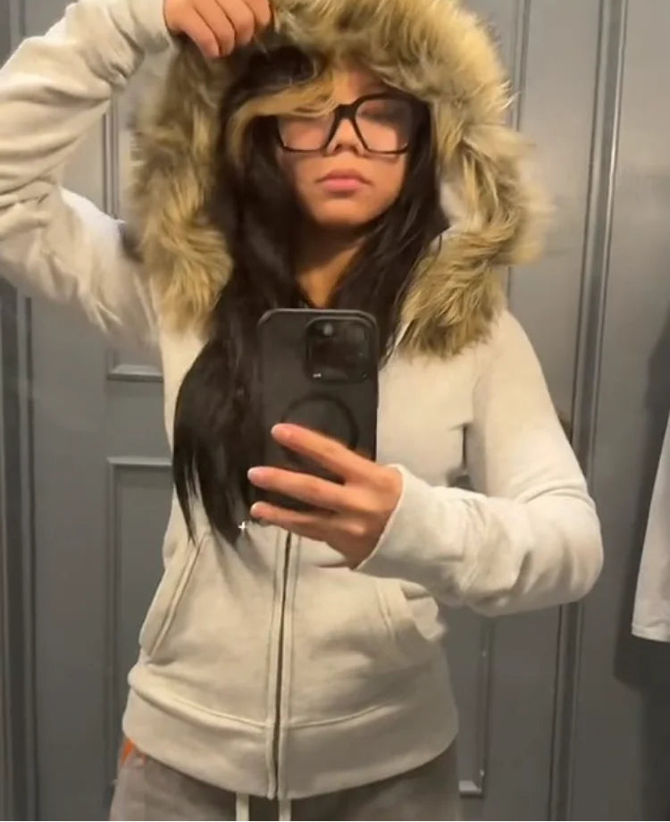 Faux Fur Trim Winter Zip Jacket