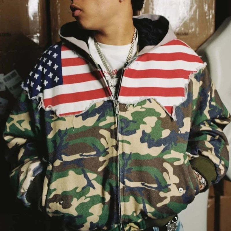 New retro hip hop camouflage patchwork flag men hoodie y2k streetwear casual goth loose hoodie for men and women - Planet Missy