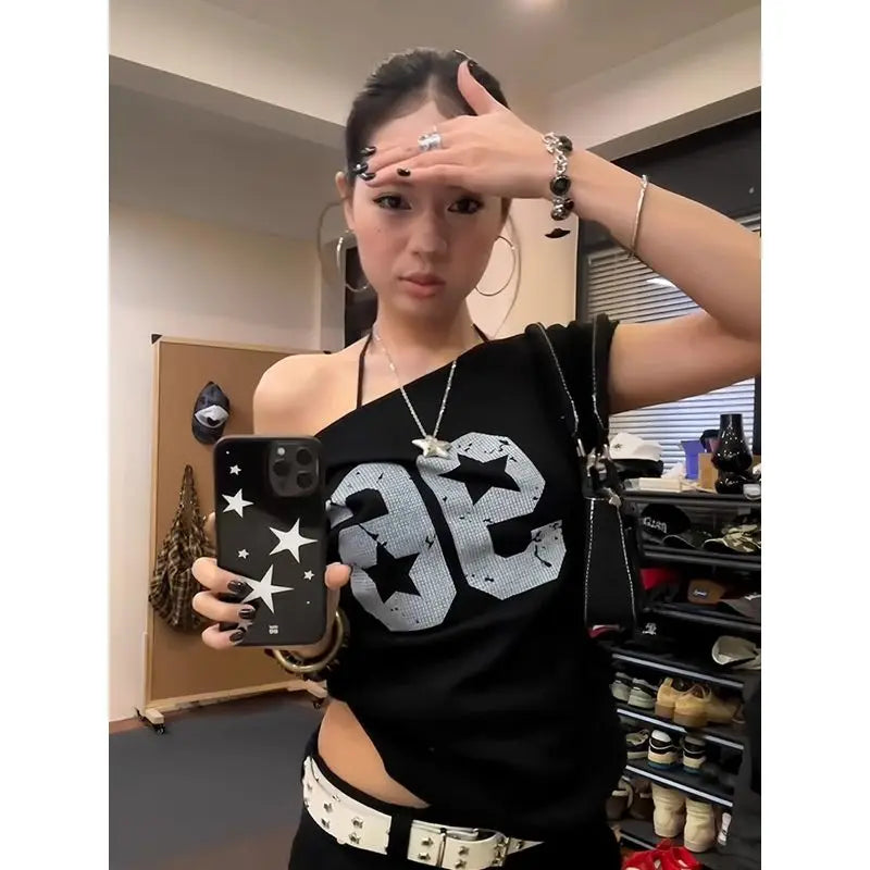 Off shoulder black number tee