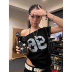 Off shoulder black number tee