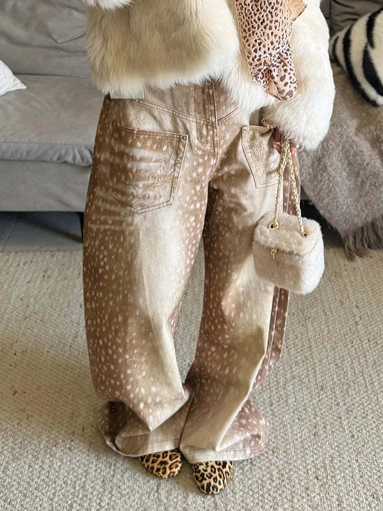 High Waist Deer Print Jeans - Planet Missy