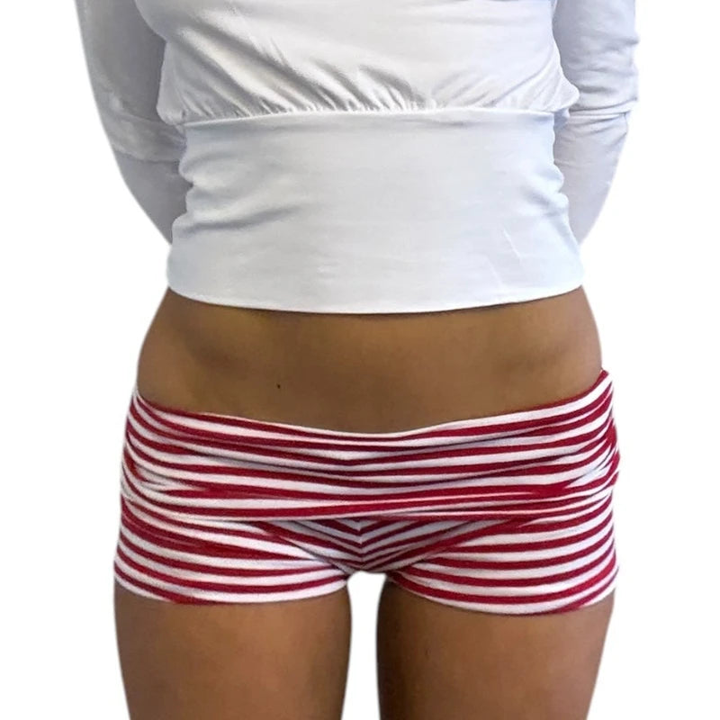 Y2k Dot/Stripe Print Ruched Bodycon Micro Short Pants Coquette Low Rise Fold Over Shorts Women Summer Going Out Lounge Shorts - Planet Missy