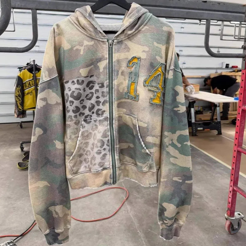 Sudadera Vintage de Estética de Parches Hechos a Mano con Estampado de Camuflaje de Leopardo, Ropa de Calle Harajuku de Otoño Invierno, de Manga Larga