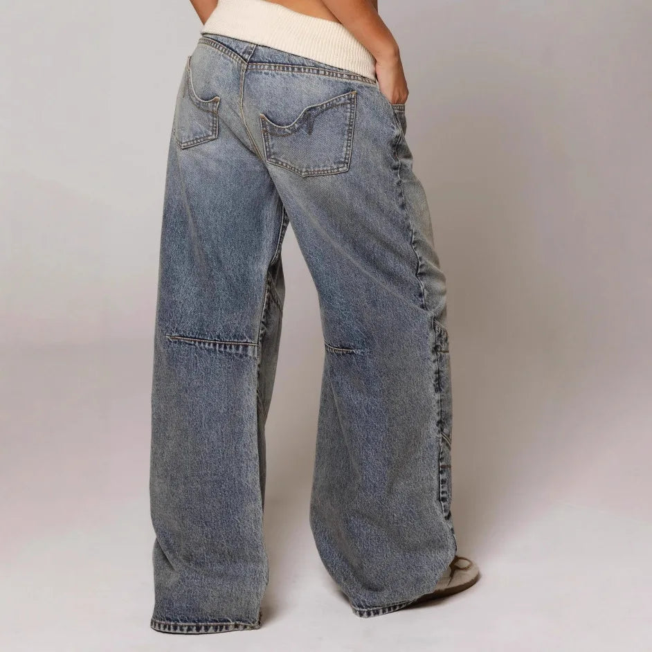 Fold Over Denim Pants - Planet Missy