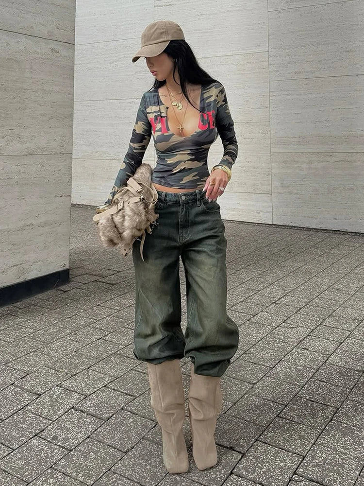 Camo Cut Low-Neck Top - Planet Missy