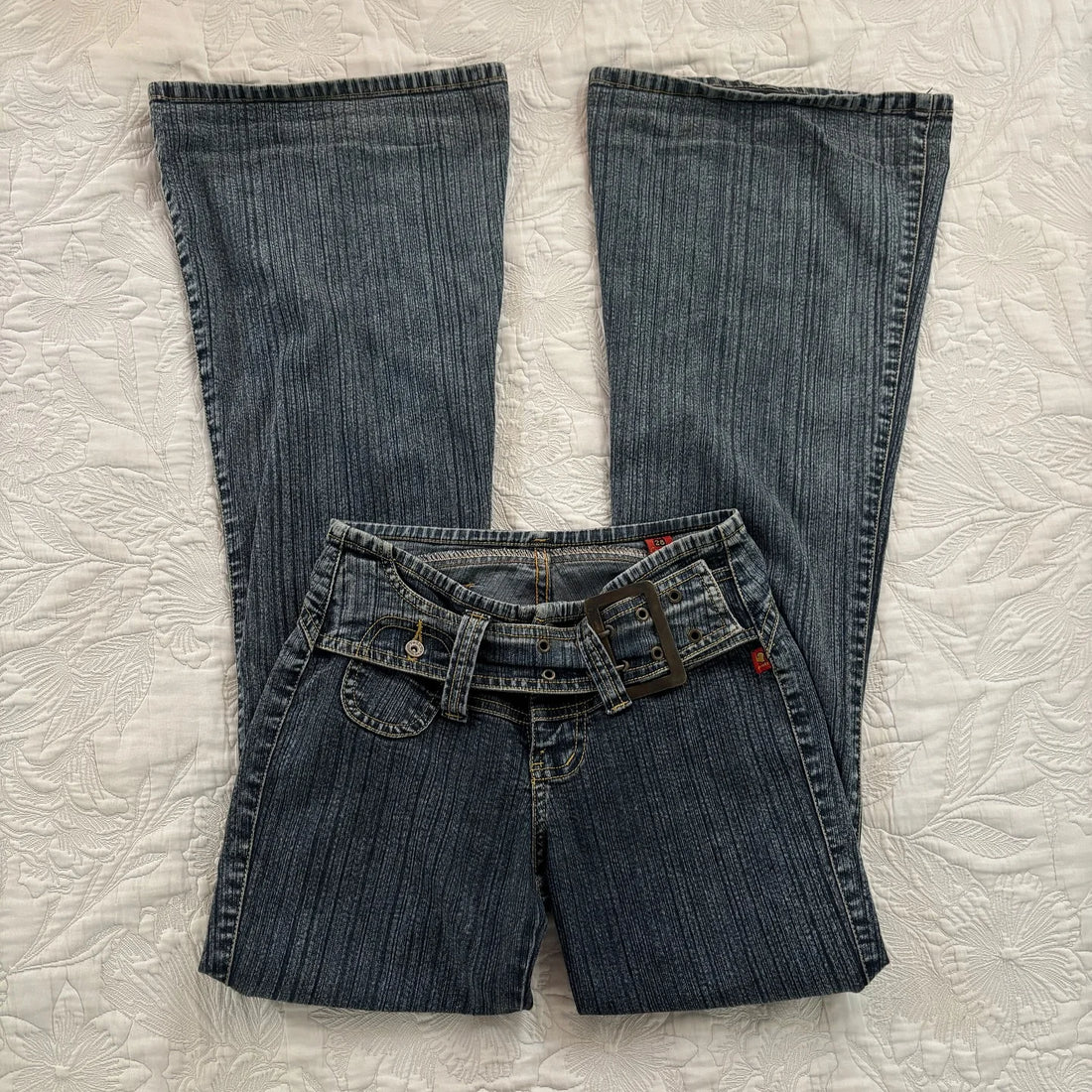 Y2K Vintage Low Rise Flare Jeans Women Harajuku Fashion Pockets Buckle Belt Blue Denim Pants Gothic Hot Girl Slim Fit Trousers - Planet Missy