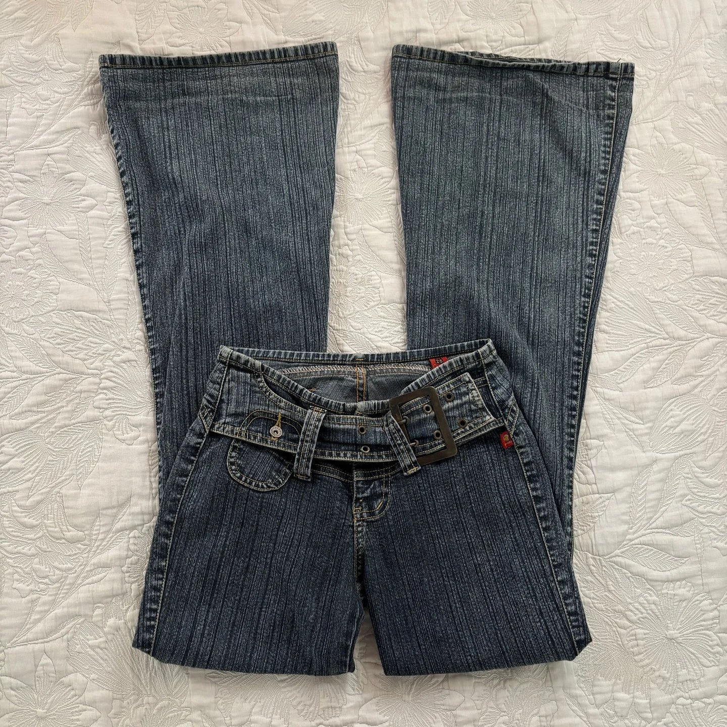 Y2K Vintage Low Rise Flare Jeans Women Harajuku Fashion Pockets Buckle Belt Blue Denim Pants Gothic Hot Girl Slim Fit Trousers - Planet Missy