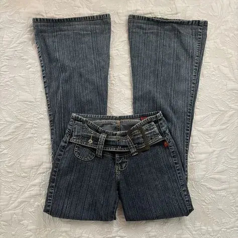 Y2K Vintage Low Rise Flare Jeans Women Harajuku Fashion Pockets Buckle Belt Blue Denim Pants Gothic Hot Girl Slim Fit Trousers - Planet Missy