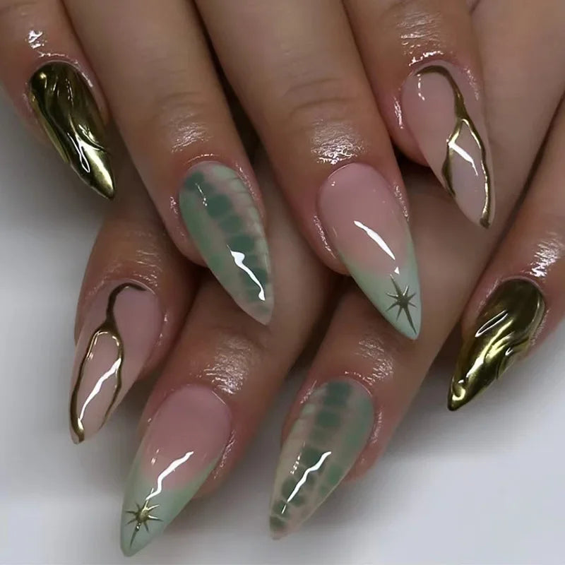 French Fake Nails Red Five-pointed Star False Nails Full Cover Press on Nail Tips y2k Nail Art Almond Artificial Nail Patches