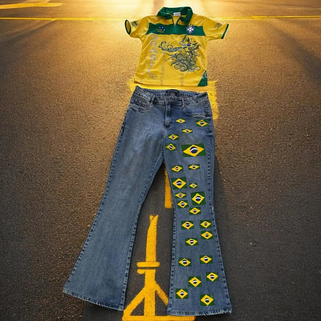 Brazilian Female Football Fan T-shirt Set Y2K Vintage Yellow Green Football Polo Shirt National Flag Printing Micro Flared Jeans - Planet Missy
