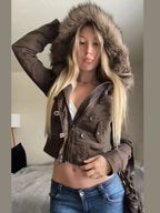 Brown Y2K Faux Fur Hooded Short Jacket
