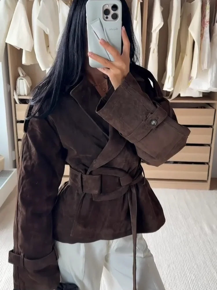 Brown Suede Trench Coat Jacket - Planet Missy