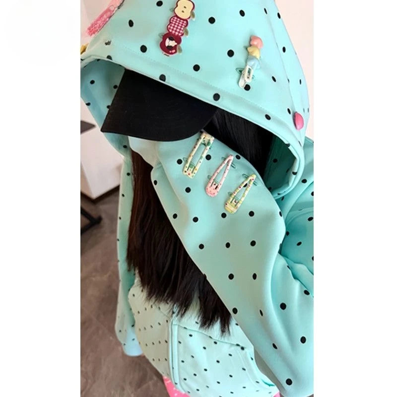 Korean Retro Interesting Design Detachable Hairpin Sweatshirt New Sweet Cute Retro Y2K Zipper Jacket Mint Blue Polka Dot Hoodie - Planet Missy