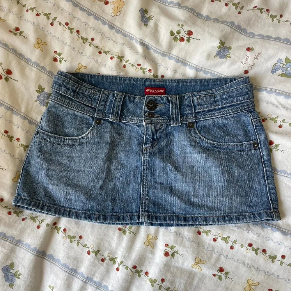 Y2K Retro Light Blue Mini Skirt Harajuku Classic Casual Denim Skirt Gothic Fashion Kawaii Low Waist Micro Skirt Womens Clothing
